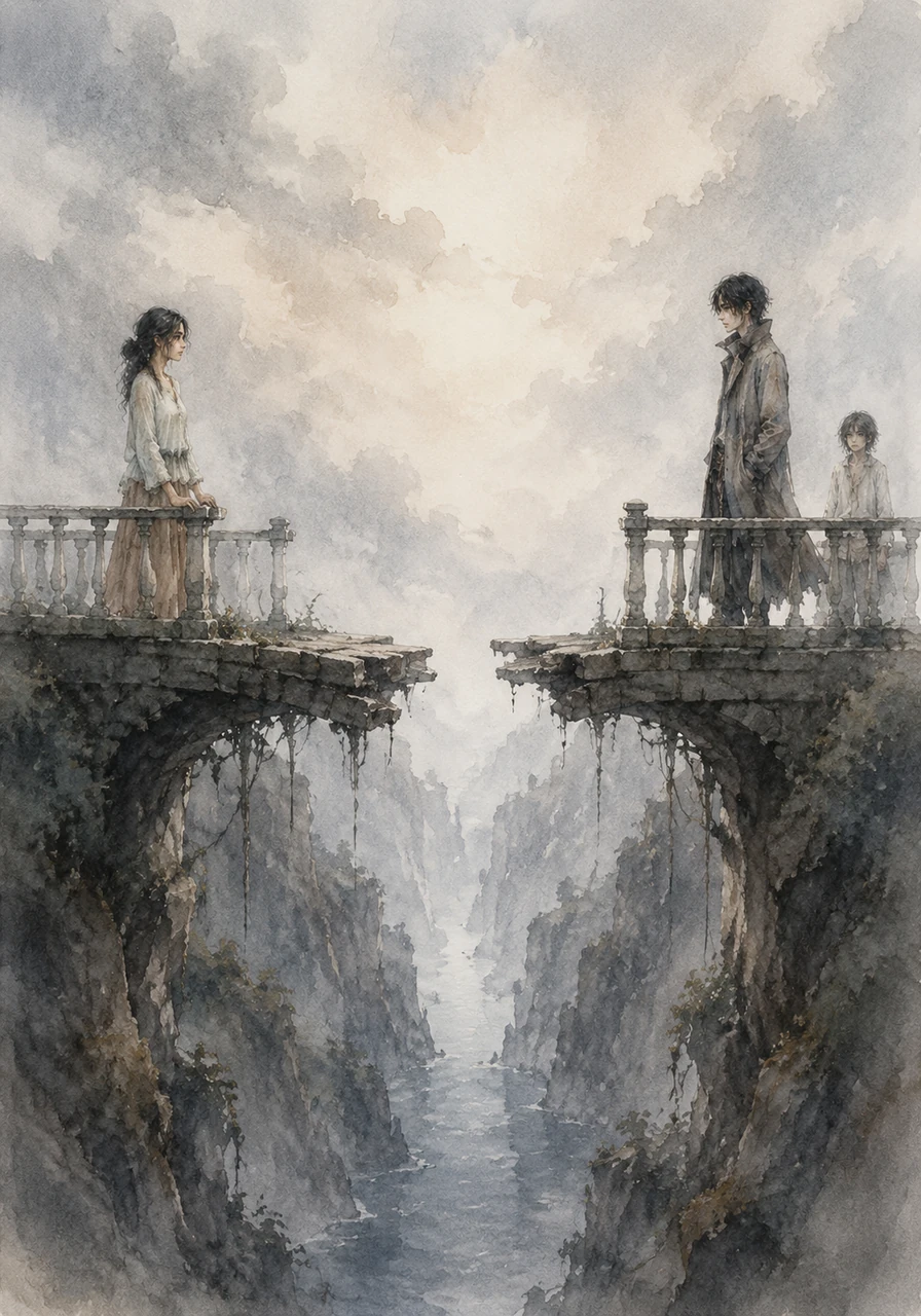 She wonders if he is just as frightened as she is, hiding behind a wall of indifference to protect a heart that has also been broken. Perhaps they are both standing on opposite ends of a bridge, waiting for the other to take the first step across the treacherous gap.