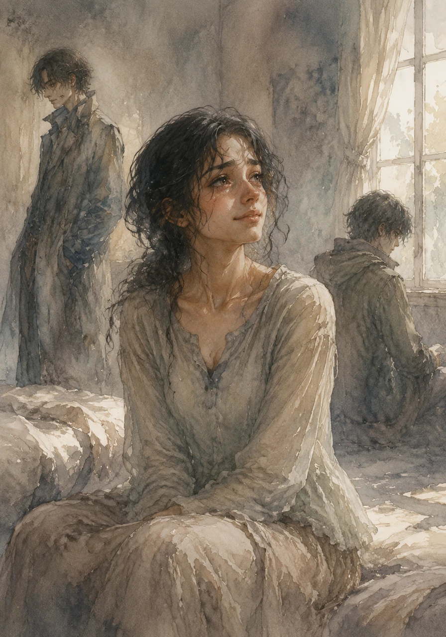 A bittersweet smile touches her lips as she whispers a question to the empty room, wondering if they are already lovers in every way but the name. The thought is as terrifying as it is beautiful, suggesting a healing process they are both undergoing without even realizing it.