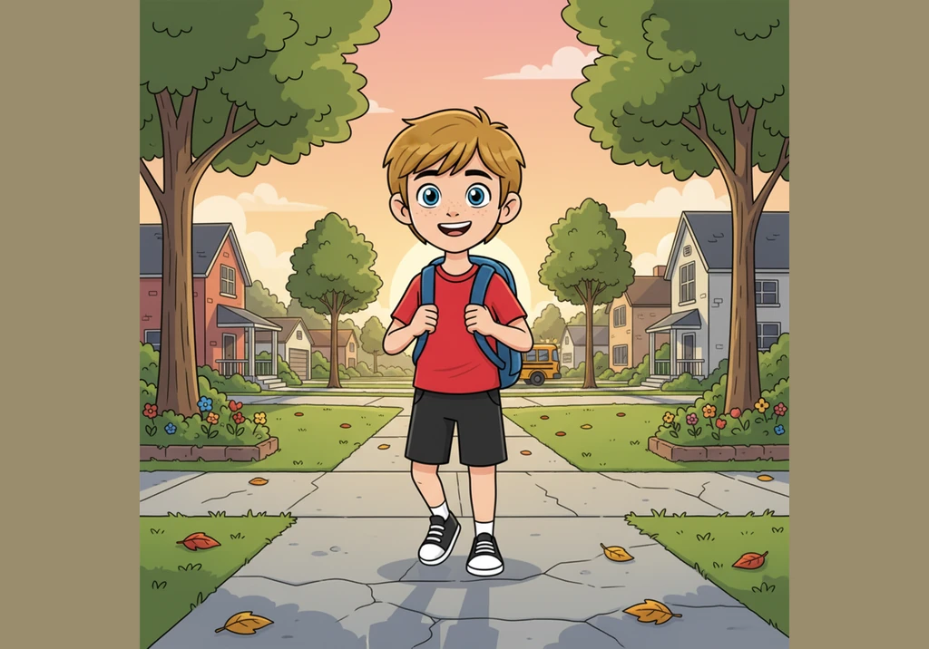 Julian strolls home after school, his golden brown hair glowing in the late afternoon sun. His long shadow stretches out behind him on the sidewalk li