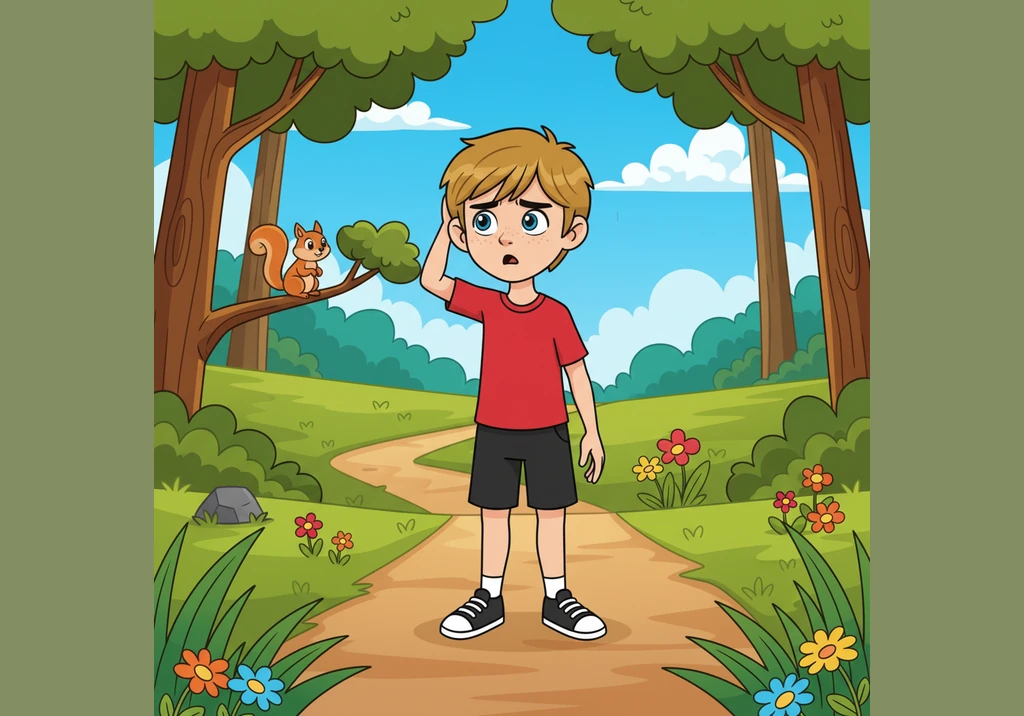 Suddenly, Julian stops to scratch his head, but his shadow keeps walking ahead with a mind of its own. Julian looks down with a confused, bug-eyed exp