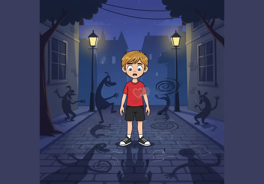 Around him, the shadows of trees and lamp posts begin to wiggle and dance in a silly, twisted parade. Julian’s heart thumps loudly against his red shi