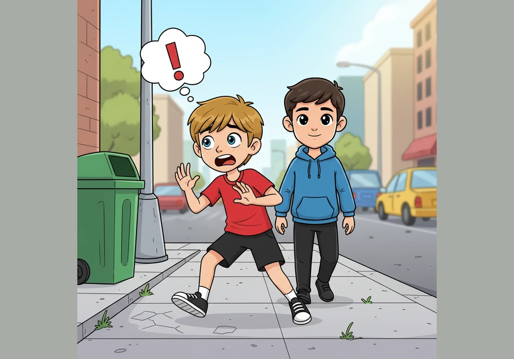 Julian tries to bolt away in a panic, but his legs feel like heavy blocks of wood that just won't budge. He makes a funny, exaggerated face of effort