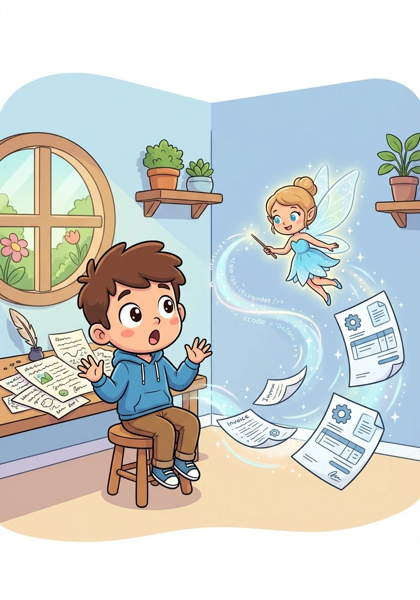 Suddenly, a friendly software fairy named Invo appears! Invo tells Alex about a magical invoice generator, promising to transform their messy notes into beautiful, professional invoices.