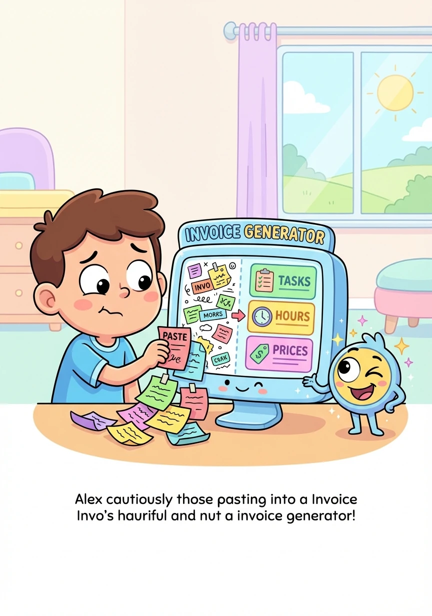 Alex hesitantly pastes the chaotic notes into the invoice generator. Invo winks, and the screen magically organizes everything into neat line items. Tasks, hours, and prices are all perfectly aligned!