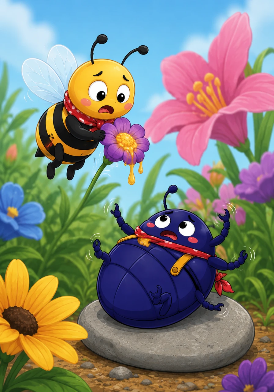 While collecting sweet nectar, Beatrix spotted Barnaby, a plump beetle, struggling to turn over from his back. He was waving his little legs frantically, stuck on a smooth pebble.