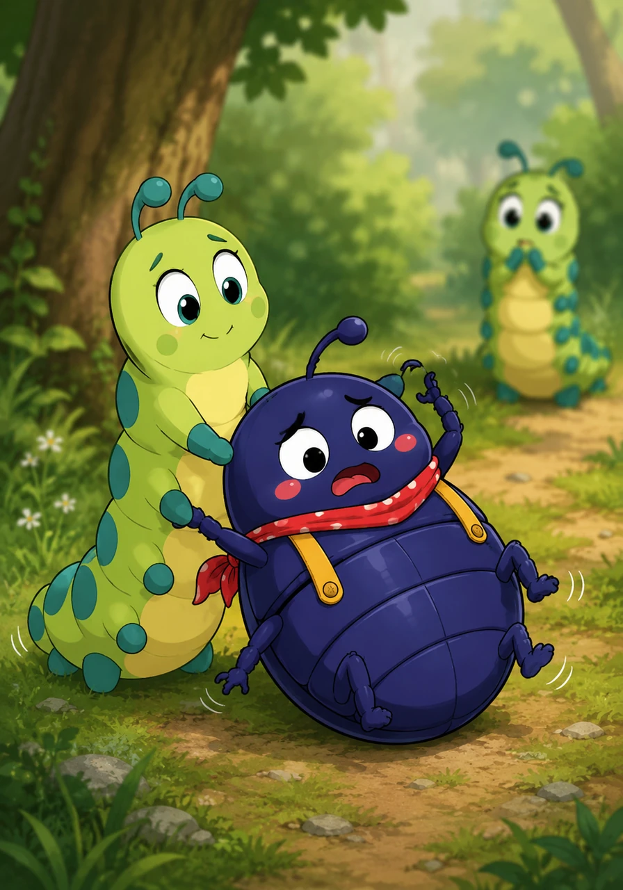 Beatrix quickly flew down, offering to help Barnaby. With a gentle push from behind and a little hum of encouragement, she managed to help Barnaby wobble onto his feet.