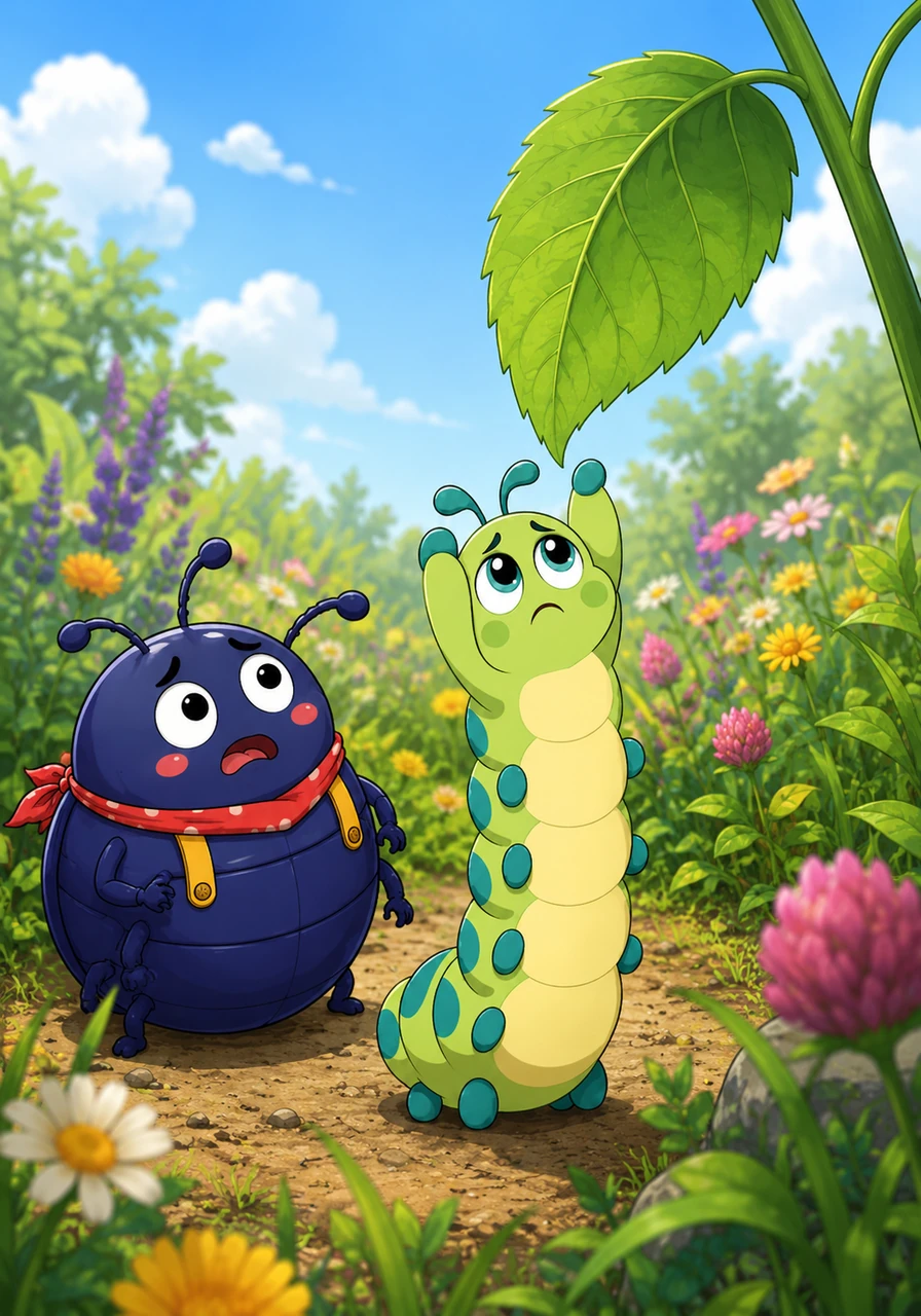 The meadow was soon buzzing with another problem. A small caterpillar, named Pip, was looking sadly at a big, tasty green leaf just out of his reach.