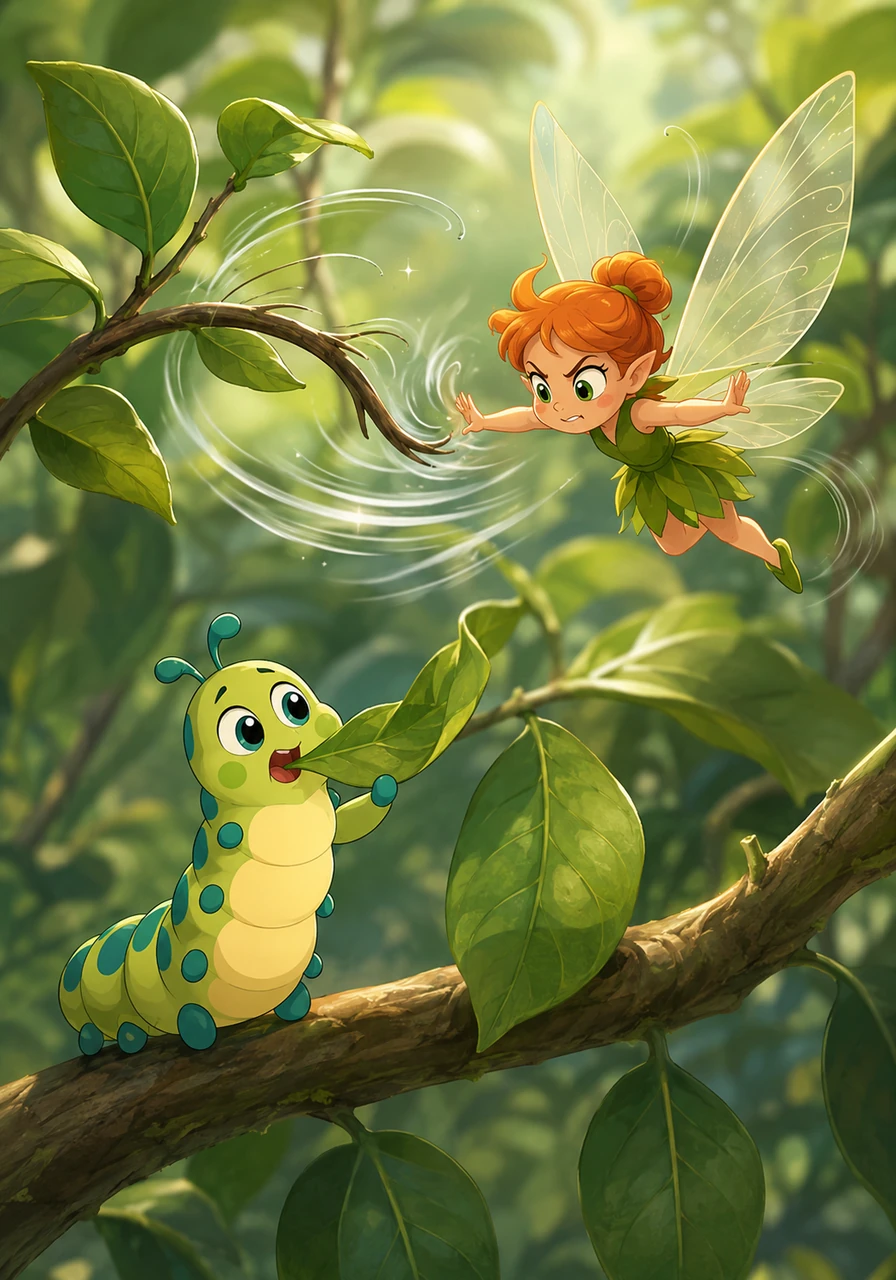 Thinking quickly, Beatrix flew around the plant, and by flapping her wings really hard, she made a little breeze that swayed the branch. This brought the leaf close enough for Pip to finally reach and start nibbling.