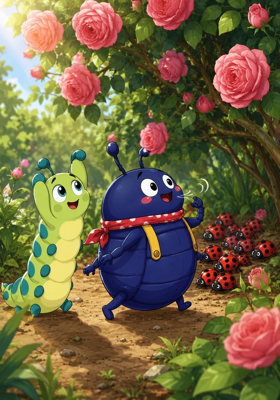 Beatrix knew exactly where to go. She led them with her distinctive low hum, which she used to guide them back safely to the ladybug cluster near the rosebushes.