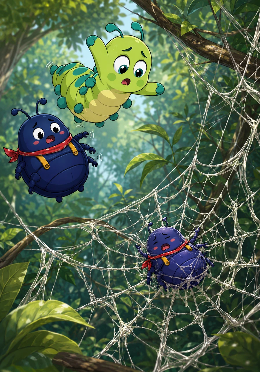 Just as Beatrix was flying back, she noticed a tiny spider named Stella had woven an unusually large and sticky web and was looking worn out and tangled herself.