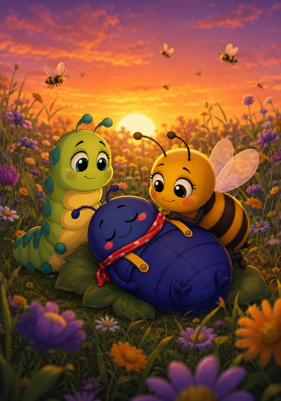 That evening, when the sun was painting the sky with orange and purple, the meadow was filled with thankful buzzes, chirps, and smiles. Beatrix settled down to sleep, knowing that it doesn't matter how you buzz or how small you are, a kind heart always makes the world brighter.