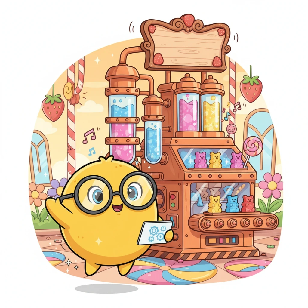 Welcome to the Giggle-Goo Candy Factory, where the air smells like strawberries and sunshine! Our hero, Pip the Poka-Yoke Pal, zips around, a tiny, round creature with enormous spectacles, ready for a day of making perfect treats. He stands proudly beside the marvelous Smarty-Pants Sweetie Machine, which hums with happy energy.