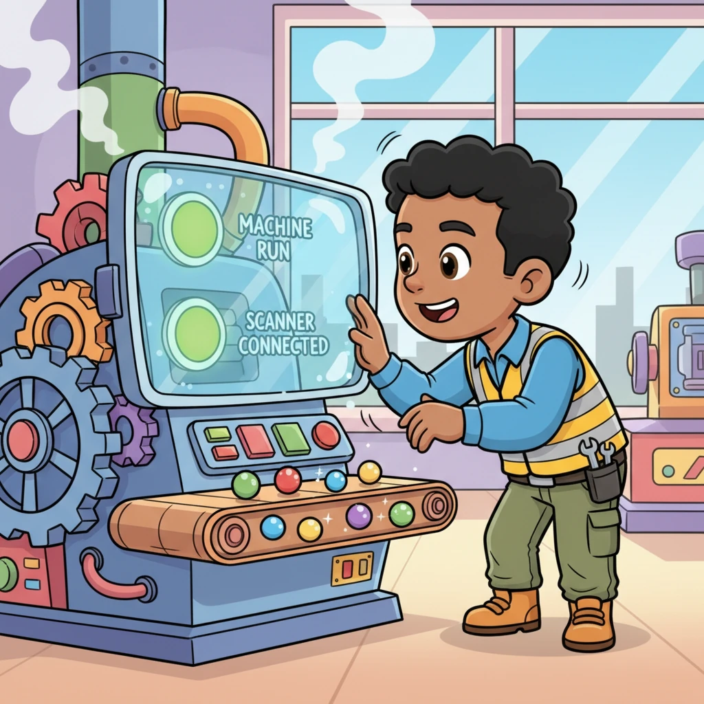 The Smarty-Pants Sweetie Machine whirs and clanks, churning out shiny, colorful candies onto a conveyor belt. Pip carefully watches a big, bubbly screen, his "System Status Panel," which shows happy green lights for "Machine RUN" and "Scanner Connected." Everything is super-duper!
