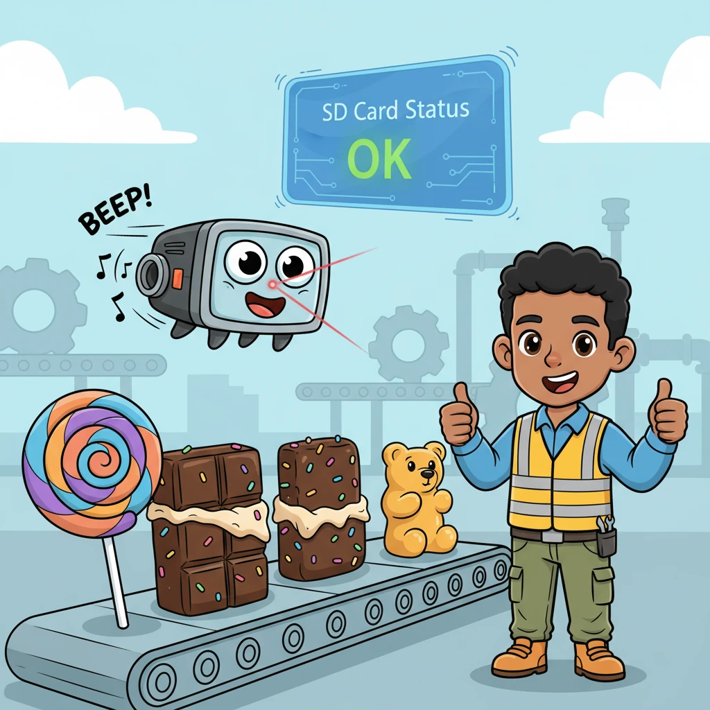 Next, a friendly, googly-eyed Barcode Buddy Scanner zips over each candy, making a cheerful "beep!" sound. It checks every swirl and sprinkle to make sure it's just right. Pip gives a thumbs-up, seeing "OK" on the "SD Card Status" display.