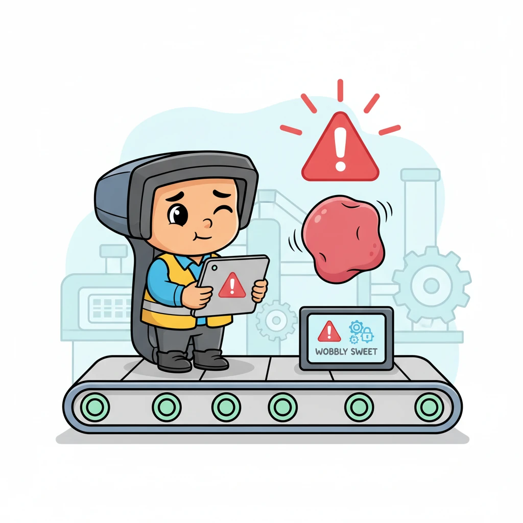 Suddenly, a little red warning icon flashes! Oh dear, a candy wiggles a bit too much, not quite perfectly round. Barcode Buddy winks sadly, identifying a "wobbly sweet."