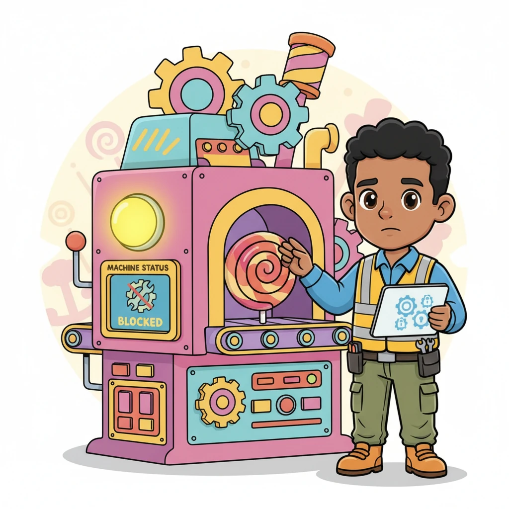 Pip's big "Machine Status" light instantly turns from green to a blinking yellow, showing "BLOCKED." The Smarty-Pants Sweetie Machine gently stops the wobbly sweet from moving forward on the belt. Pip's face shows a tiny frown of concern.