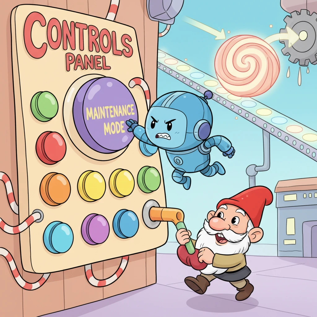 Without a moment to lose, Pip zooms to the "Controls Panel," a rainbow of big, squishy buttons. With a quick press, he activates the "Maintenance Mode" and redirects the wobbly sweet. A friendly helper, a little whiskered gnome named Gus, assists with a cheerful grin.