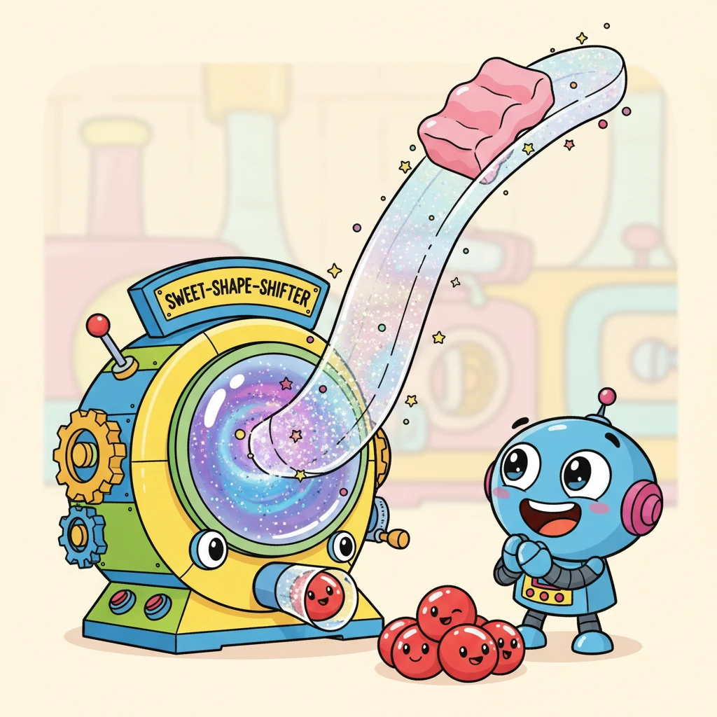 The wobbly sweet slides down a special, sparkly "Fix-It Chute" into the "Sweet-Shape-Shifter." With a magical puff of glitter, it emerges perfectly round and shiny, ready to join its friends! Pip claps his tiny hands with delight.