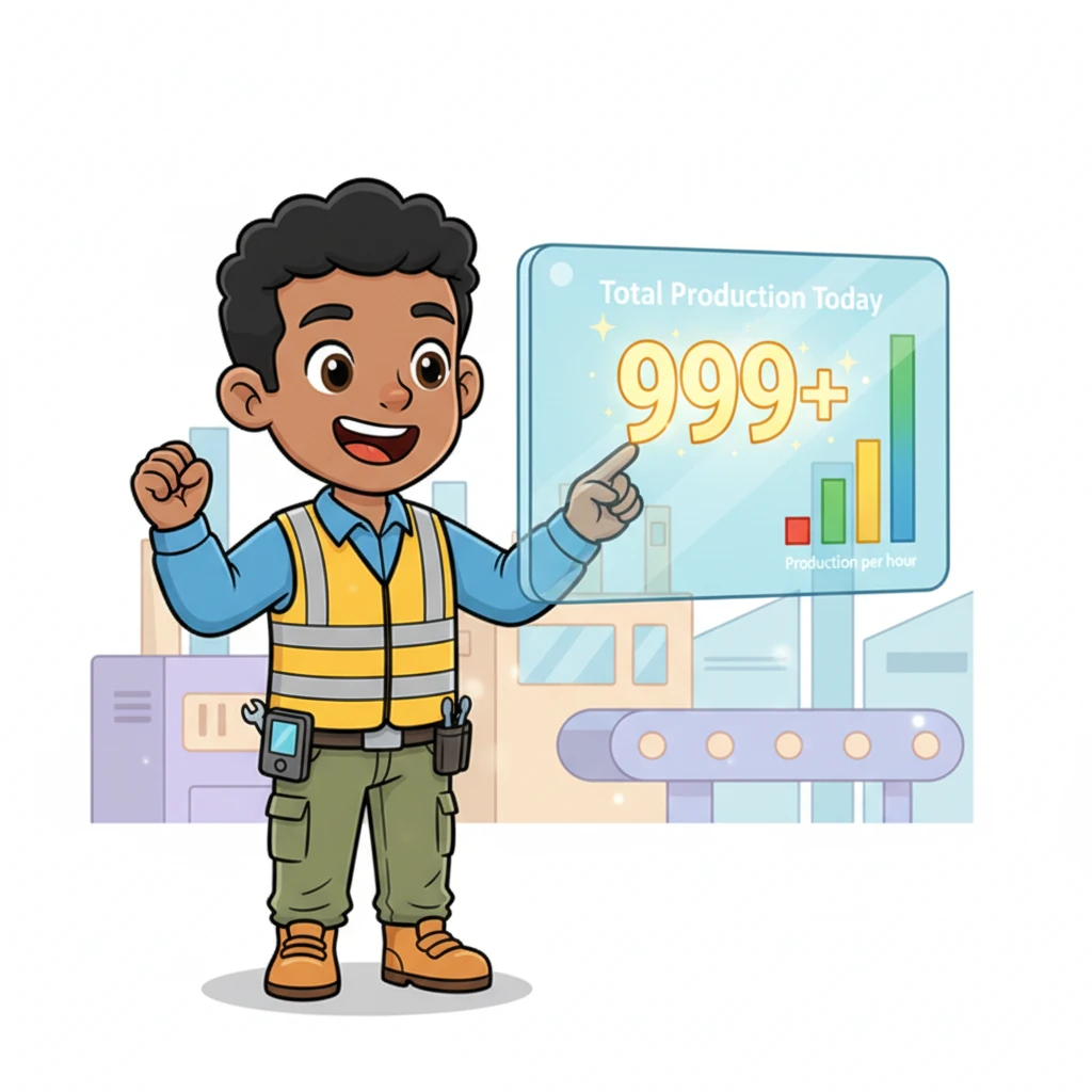 Pip happily checks the "Production Monitoring" screen, which now shows a huge, sparkling number for "Total Production Today." A colorful bar chart on the side shows "Production per hour" climbing steadily upwards. Mission accomplished!