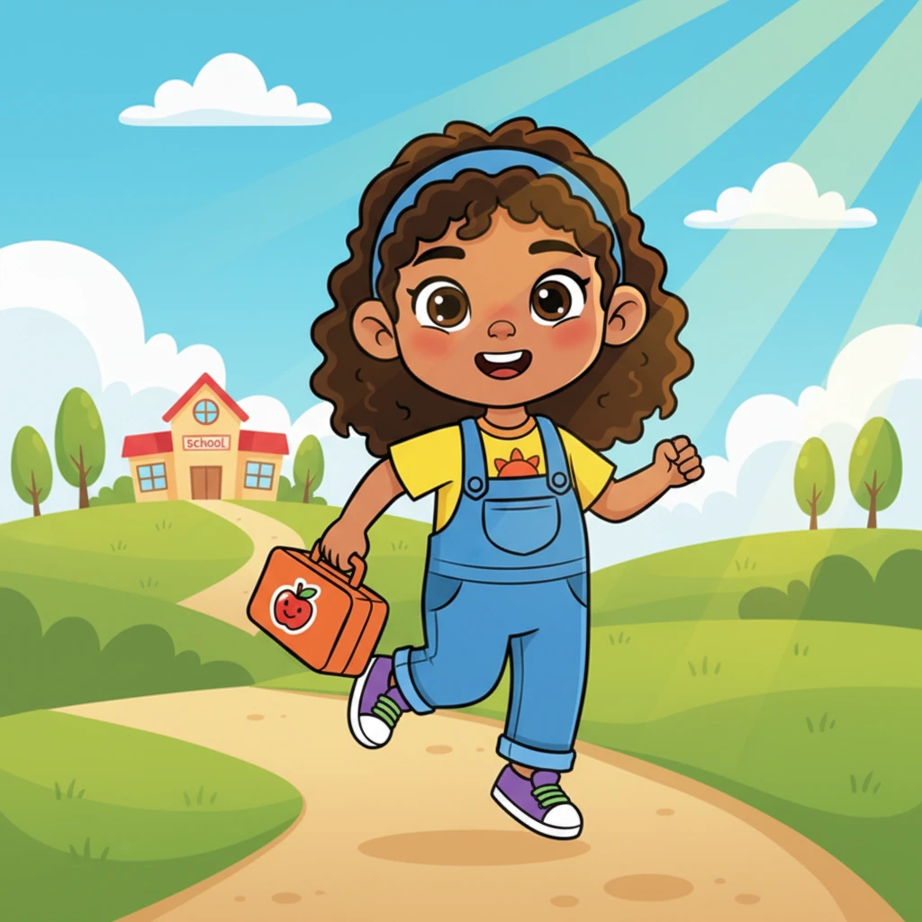 Little Anu skips cheerfully along a winding path to school, her oversized, brightly colored lunch box swinging playfully in her hand. Sunshine beams down, highlighting her joyful, exaggerated smile and the bounce in her step.
