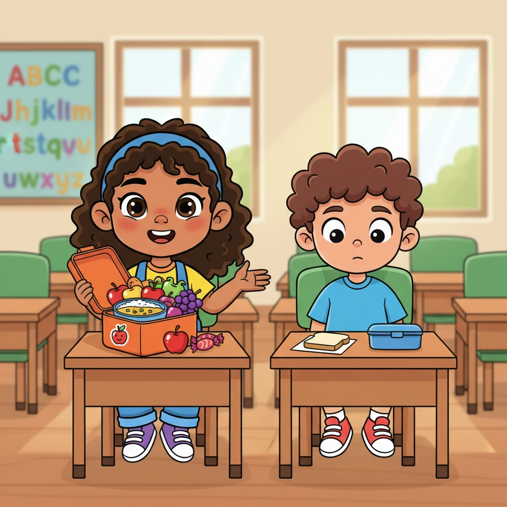 At school, Anu sits proudly at her desk, her magnificent lunch box overflowing with a rainbow of delicious foods: fluffy rice, vibrant curry, shiny fruits, and tempting sweets. Beside her, Raju sits quietly, his tiny, simple lunch of just a slice of bread looking very small.
