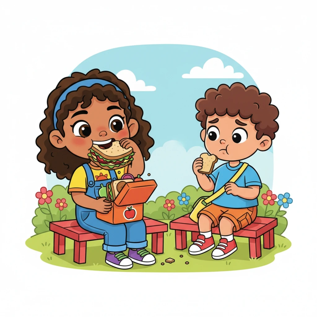 The lunchtime bell rings! Anu happily digs into her feast, completely engrossed in her own food, a joyful expression on her face. Raju watches her from his seat, a tiny frown on his face as he nibbles his small bread, his eyes occasionally drifting towards Anu's abundant spread.