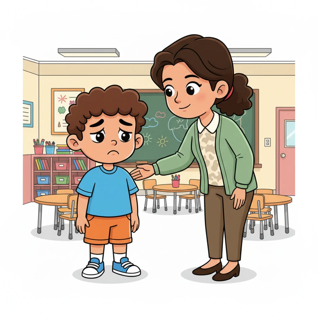 The next morning, Raju arrives at school with slumped shoulders and a very sad, droopy face, his hands empty. He sadly explains to his teacher that he forgot his lunch box at home, his tummy rumbling with hunger.