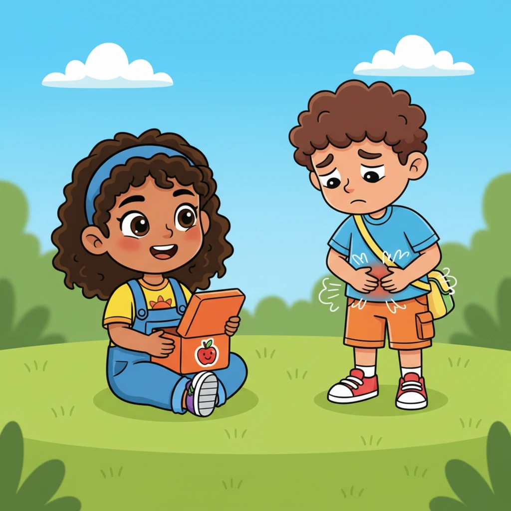 Anu opens her lunch box, ready for another delicious meal, her eyes sparkling with anticipation. But then she glances over and sees Raju nearby, looking utterly dejected and very hungry, his tummy making loud, cartoonish grumbles.