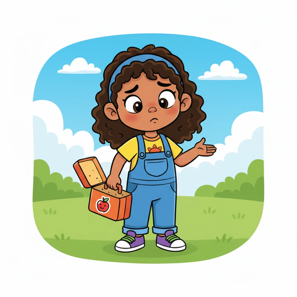 Anu looks back at her lunch box, her eyes widening in comical surprise as she notices it's suddenly half empty! Her cheerful smile turns into a worried pout, and she tilts her head, wondering where all her food went.