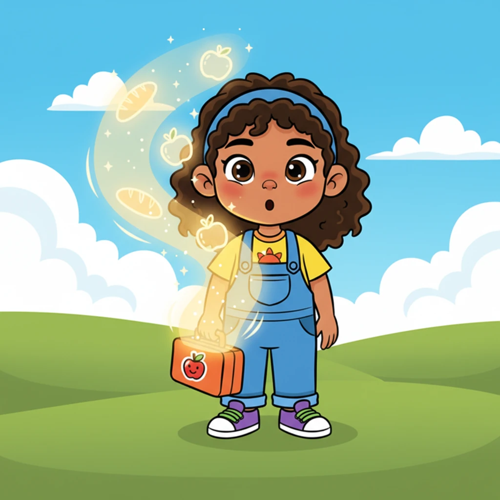 A soft, glowing light emanates from the lunch box, and a gentle, whimsical voice floats into Anu's ears: "Food grows when you share it." Anu's eyes widen with understanding, a thoughtful expression replacing her worry.