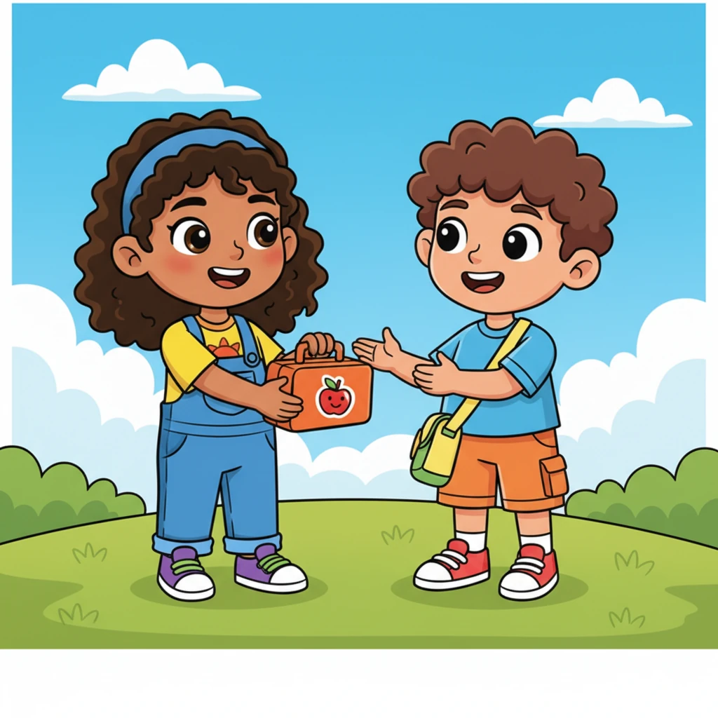 A big, genuine smile spreads across Anu's face as she turns to Raju, extending her lunch box towards him with a generous gesture. Raju's sad face instantly transforms into one of sheer delight and gratitude, his eyes sparkling with happiness.