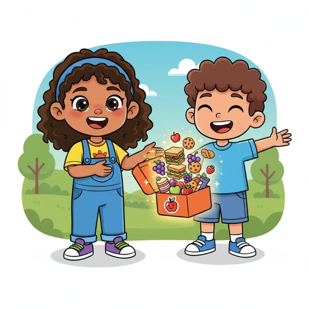 As Anu shares her food with Raju, a magical shimmer surrounds the lunch box, and it instantly refills, overflowing with even more delicious treats than before! Anu and Raju laugh joyfully, sharing the feast together, their faces beaming.