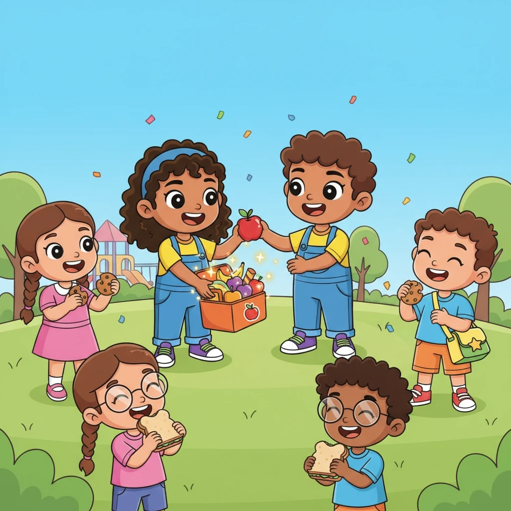 From that day forward, Anu is always seen sharing her bountiful lunch with Raju and all her friends, her lunch box magically staying full. Everyone around her is happy and smiling, enjoying the delicious food and the warmth of her friendship.