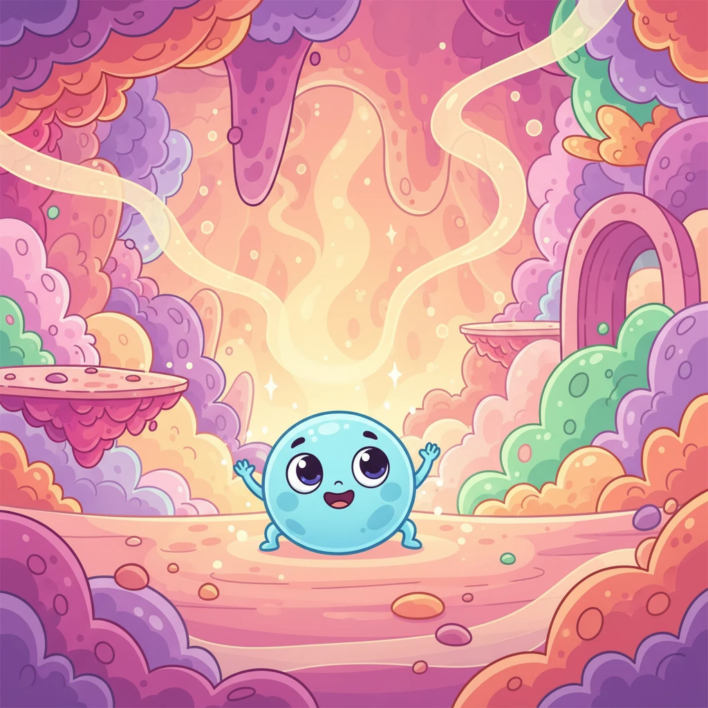 Celly, a tiny, round creature with big, curious eyes, wakes up in a vast, colorful world. "Hello! I'm Celly, a happy little cell, and I live inside you! We might be small, but we are super important."