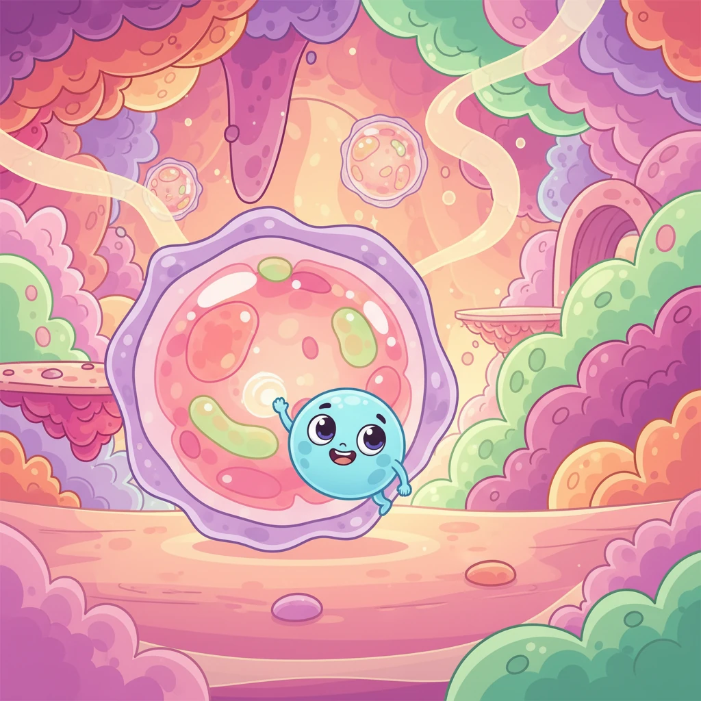 Celly floats past other tiny cell friends, looking out at a wondrous, wobbly landscape. "Imagine a big house; it's made of many bricks. Well, your body is like a big house, and we cells are the tiniest living bricks!"