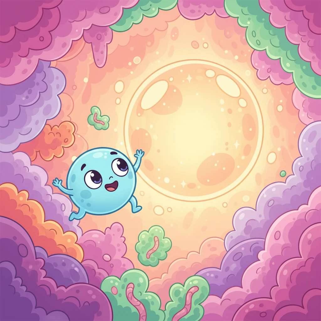 Celly swims towards a large, bubbly sphere at the center of her world. "This is Mr. Nucleus! He's the brain of our cell, always telling us what to do and keeping everything in perfect order."