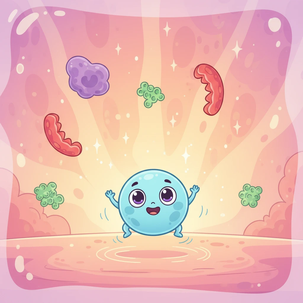Celly playfully bounces around in the squishy, clear goo that fills her home. "All around us is the wonderful Cytoplasm, a soft, jelly-like pool that holds all our cell friends and parts safely inside."