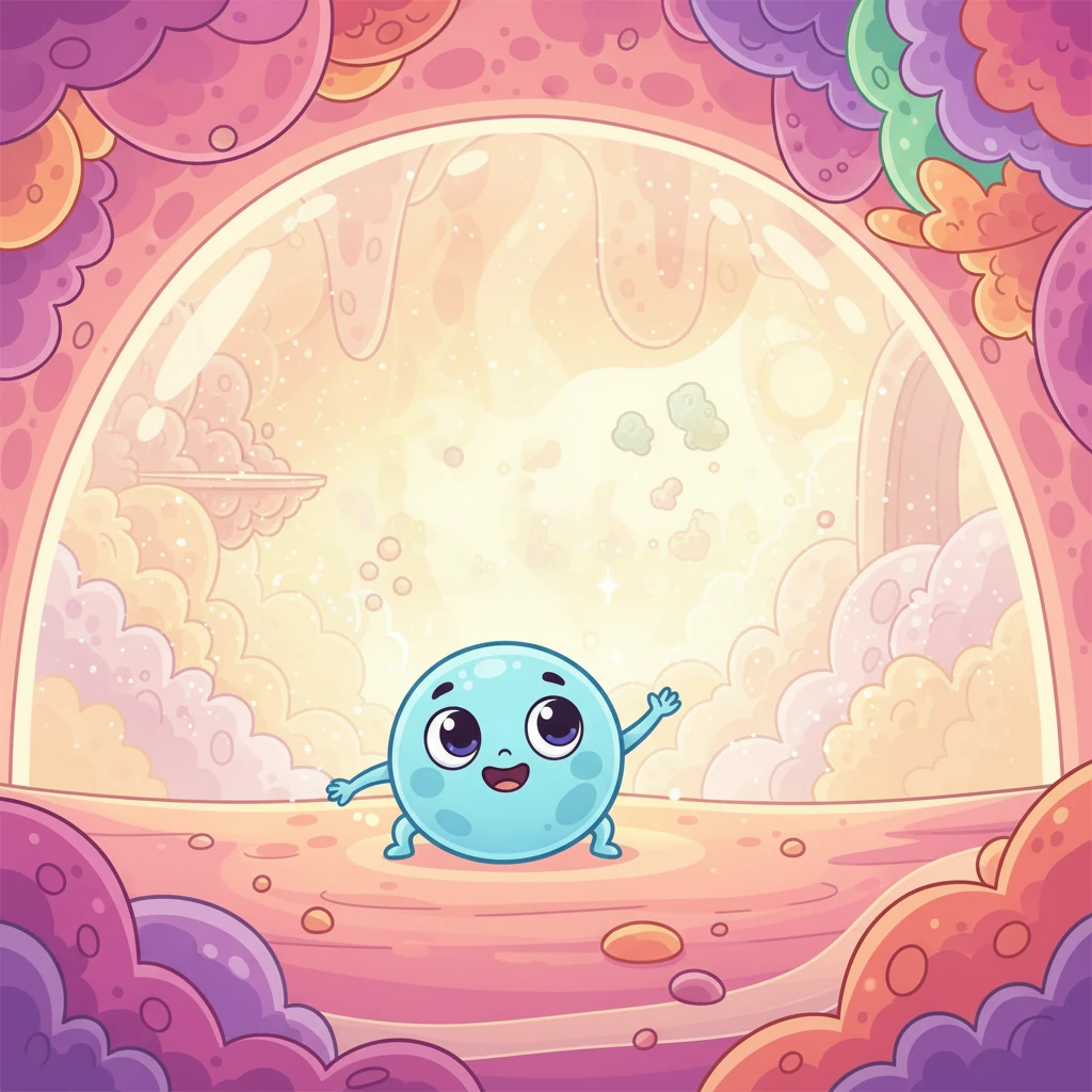Celly waves at a friendly, shimmering border that separates her from the outside. "Look, it's the Cell Membrane! It's like a special gate or door, letting good food come in and making sure any yucky waste goes out."