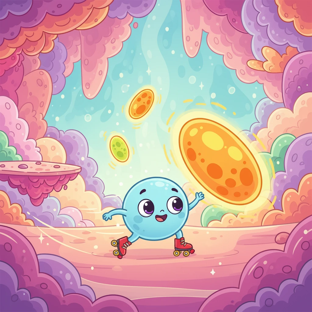 Celly zooms past a buzzing, colorful oval that hums with energy. "Over here are the amazing Mitochondria! They are like busy powerhouses, working hard to make all the energy Celly needs to play and grow."