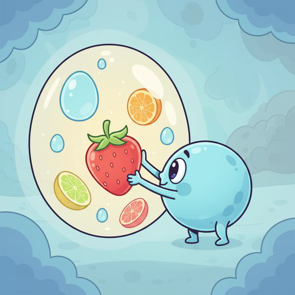 Celly peeks into a big, balloon-like pouch, neatly organized. "And here's the Vacuole, our cell's very own storage bag! It keeps all our fresh water and yummy snacks ready for when we need them."