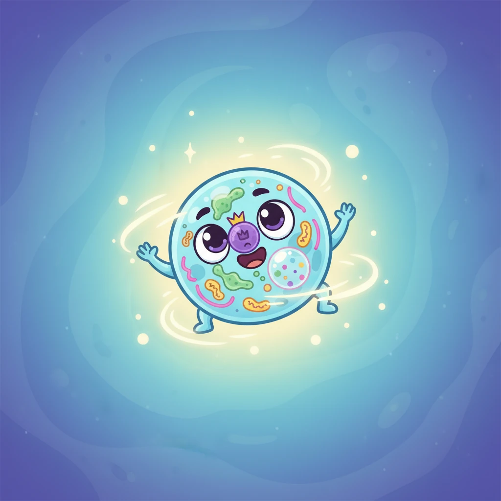 Celly smiles as all her parts glow and hum with activity, working together in harmony. "Every part of Celly works together like a super team! Mr. Nucleus directs, Cytoplasm holds, Membrane guards, Mitochondria powers, and Vacuole stores."