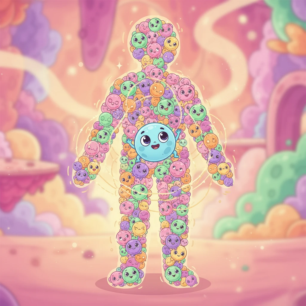 Celly joins a vibrant crowd of countless other cells, all connected and forming a bigger shape. "And together, billions and billions of us cells build you! Isn't that amazing? We are all connected, making you wonderfully YOU!"