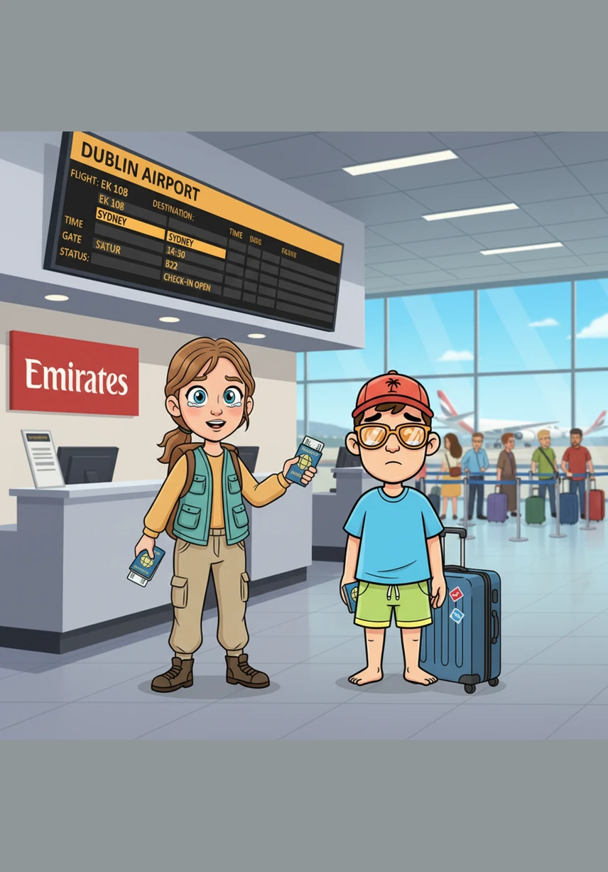 Lilly-Ann and Stephen stand in the busy Dublin airport departures hall, clutching their passports and two large suitcases as they check into their Emirates flight. The departures board above the desk clearly displays Sydney as their destination, signaling the start of their biggest adventure yet to the world down under.
