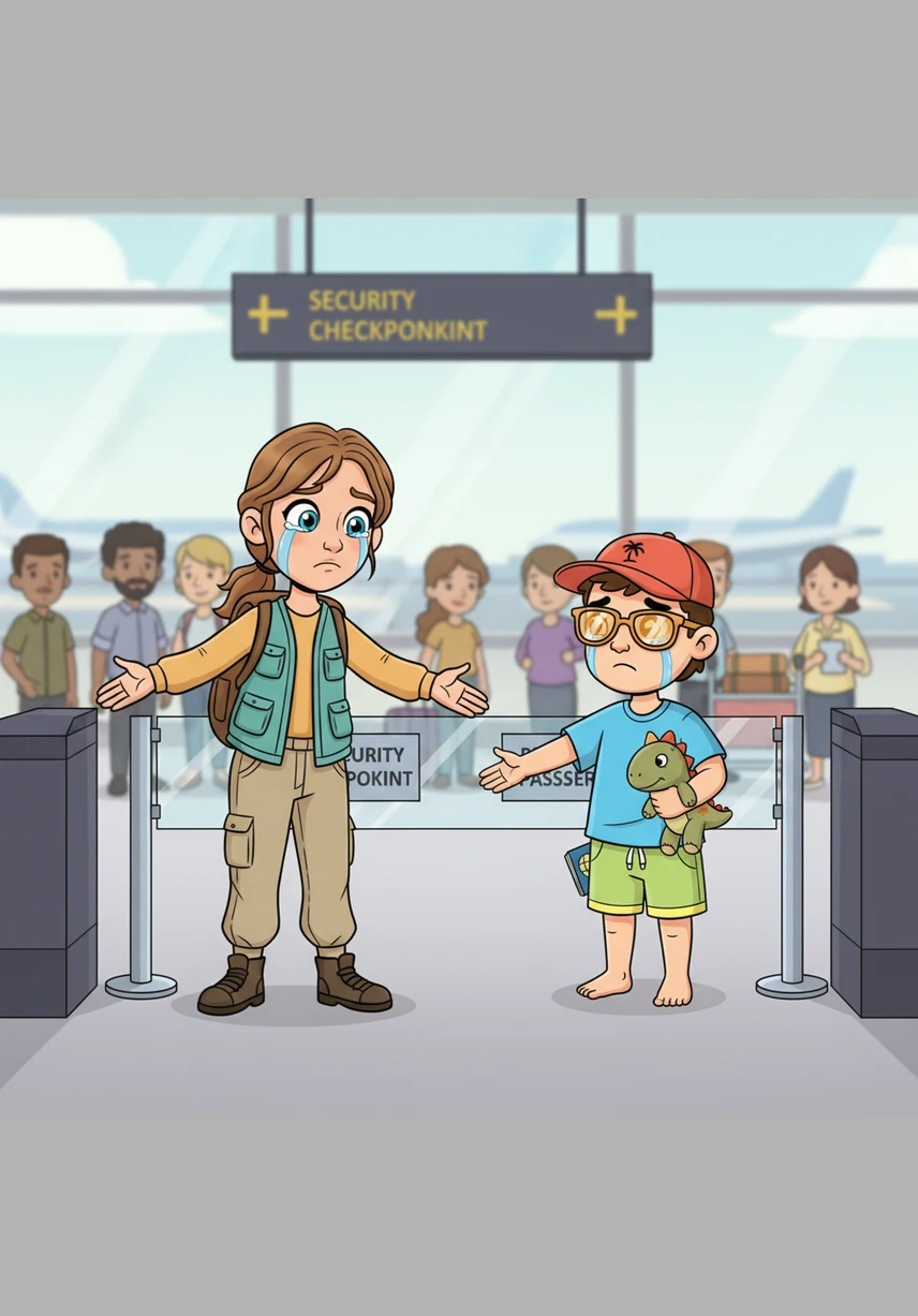 Tears fill their eyes as Lilly-Ann and Stephen share a final, tight hug with their crying families at the airport security gates. Though they feel the sadness of saying goodbye, Stephen holds Lilly-Ann’s hand firmly, promising that as long as they are together, they will have the best time exploring the world.