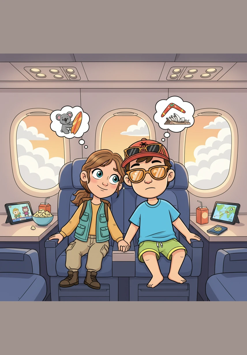 High above the clouds, the couple settles into their long journey, passing the time by talking, watching movies, and dreaming of their future. They are a mix of nerves and excitement, knowing that every mile flown brings them closer to their new life in Australia.