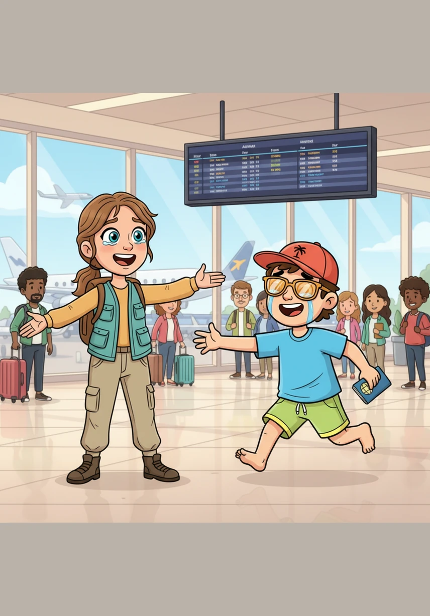 Stepping into the arrivals hall, they are greeted by the beaming faces of Lilly-Ann’s cousin Aislinn and her husband Leo, who hold a large, bold sign for The Fitzgeralds. After joyful hugs and laughter, the four friends head toward the car, ready to make the trip to Bondi Beach.