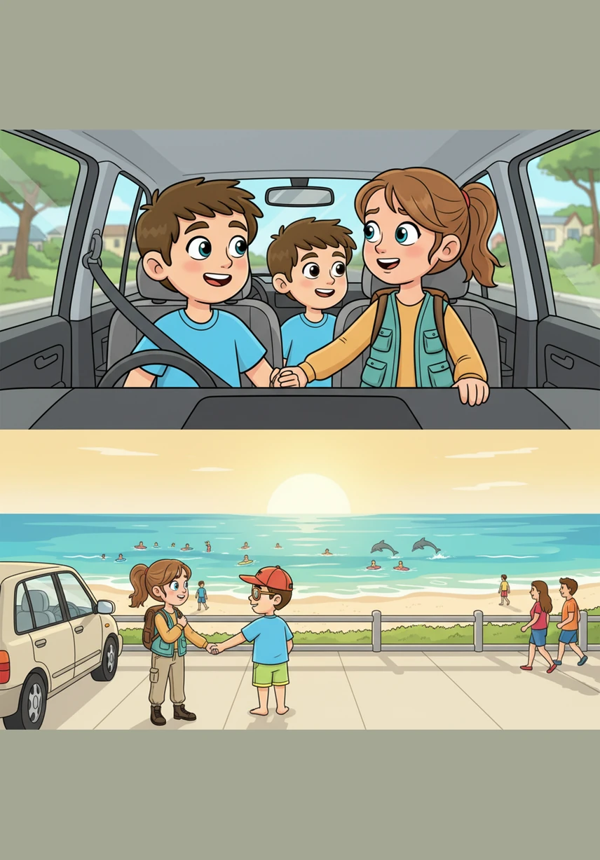 During the car ride, Leo and Stephen chat excitedly while Lilly-Ann and Stephen hold hands in the back seat, gazing out at the new scenery. They arrive at the Bondi promenade where the sun is shining brightly over surfers, swimmers, and the distant silhouettes of dolphins playing in the waves.