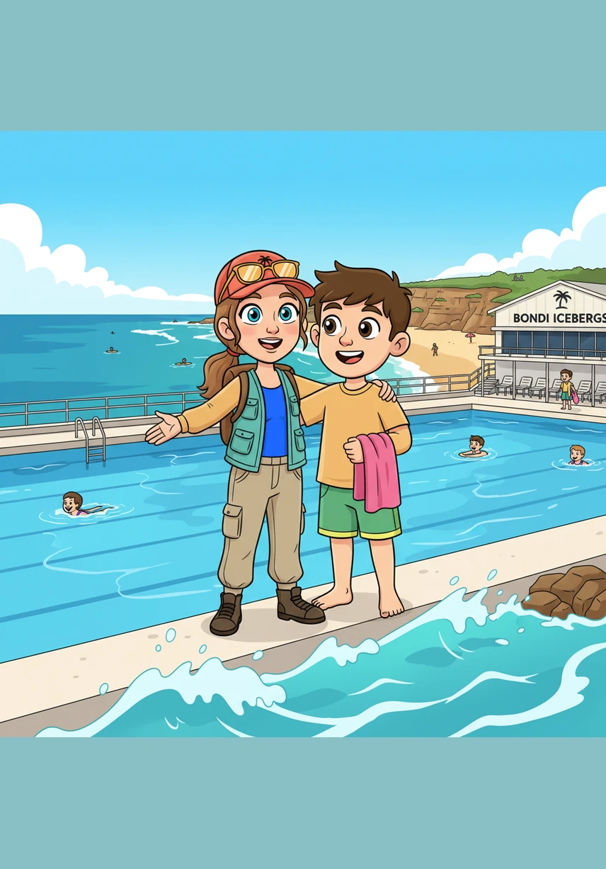 The couple embraces the local lifestyle by heading to the famous Bondi Icebergs, where they splash each other in the turquoise pool water. The sun denches the scene as they laugh and swim, fully enjoying the vibrant energy of their new coastal home.