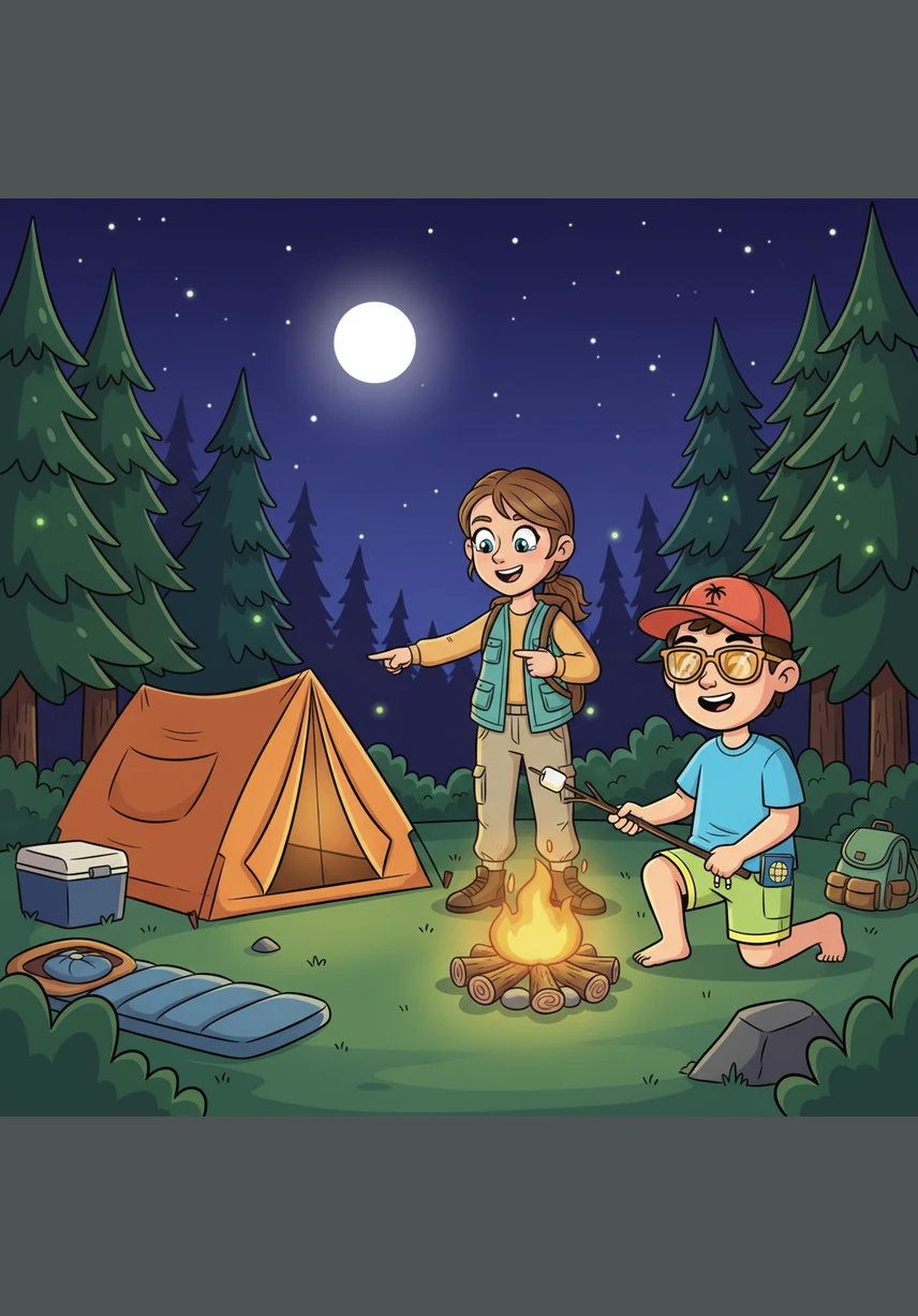 Venturing into the wild, Lilly-Ann and Stephen set up a large tent to camp under a vast canopy of bright stars and a full moon. Around their crackling campfire, they are joined by a curious kangaroo, a goanna, and colorful rainbow lorikeets hidden in the lush greenery.