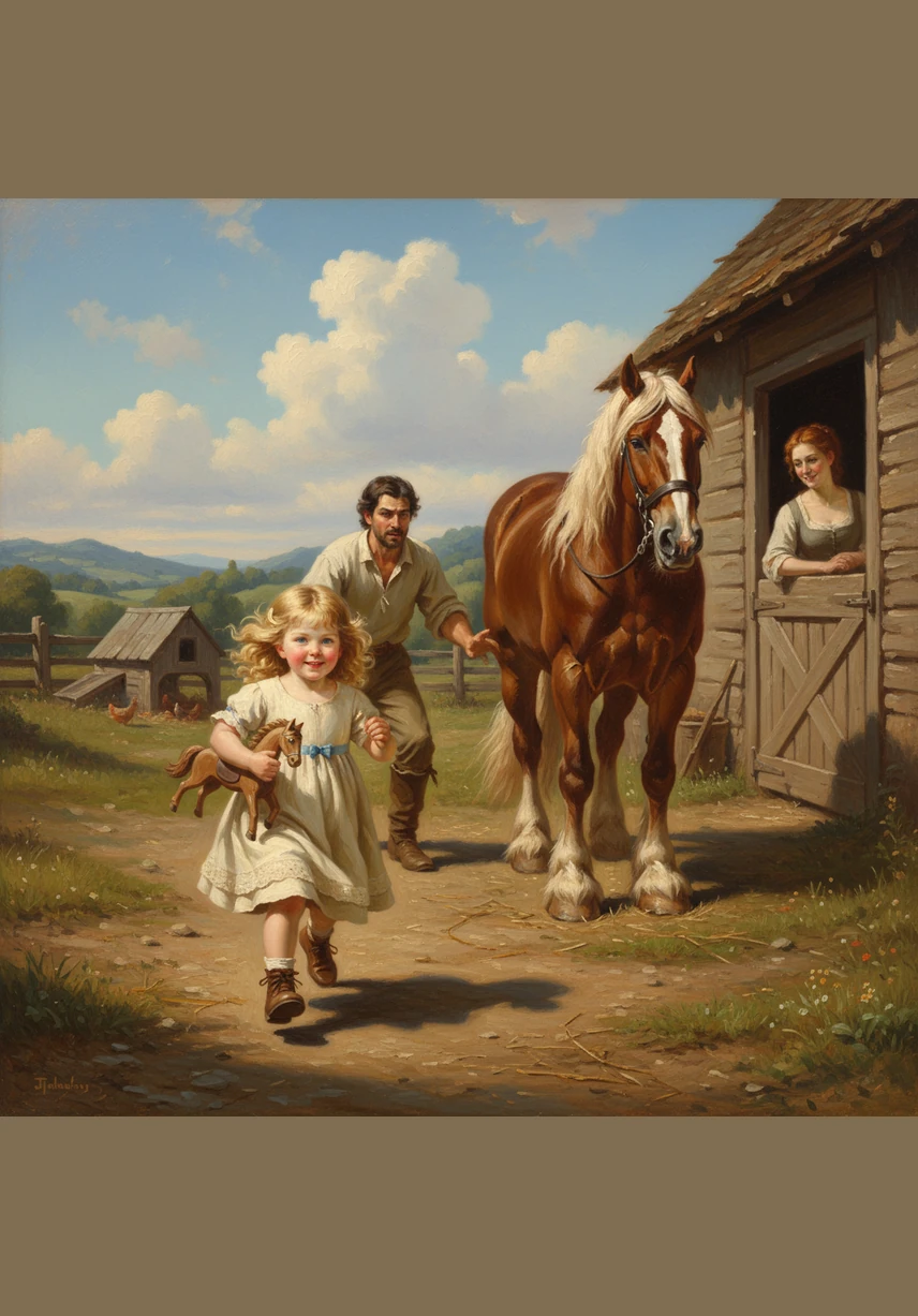 Little Lily is a two-year-old with golden curls and a spirit full of mischief. Today, she is zooming through the farmyard, her favorite wooden horse tucked tightly under her arm.